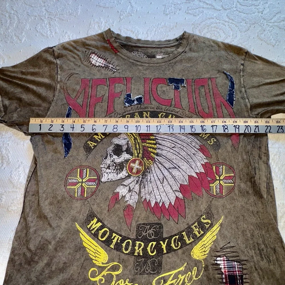 Affliction Skull Indian Motorcycle T Shirt Sz L Brown Black Grunge Look Distress